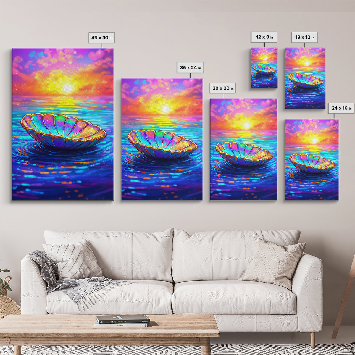 Iridescent Shell Bowl At Ocean Sunset Wall Art, Coastal Decor, Beach House Art, Colorful Seascape Canvas Print, Living Room Wall Art