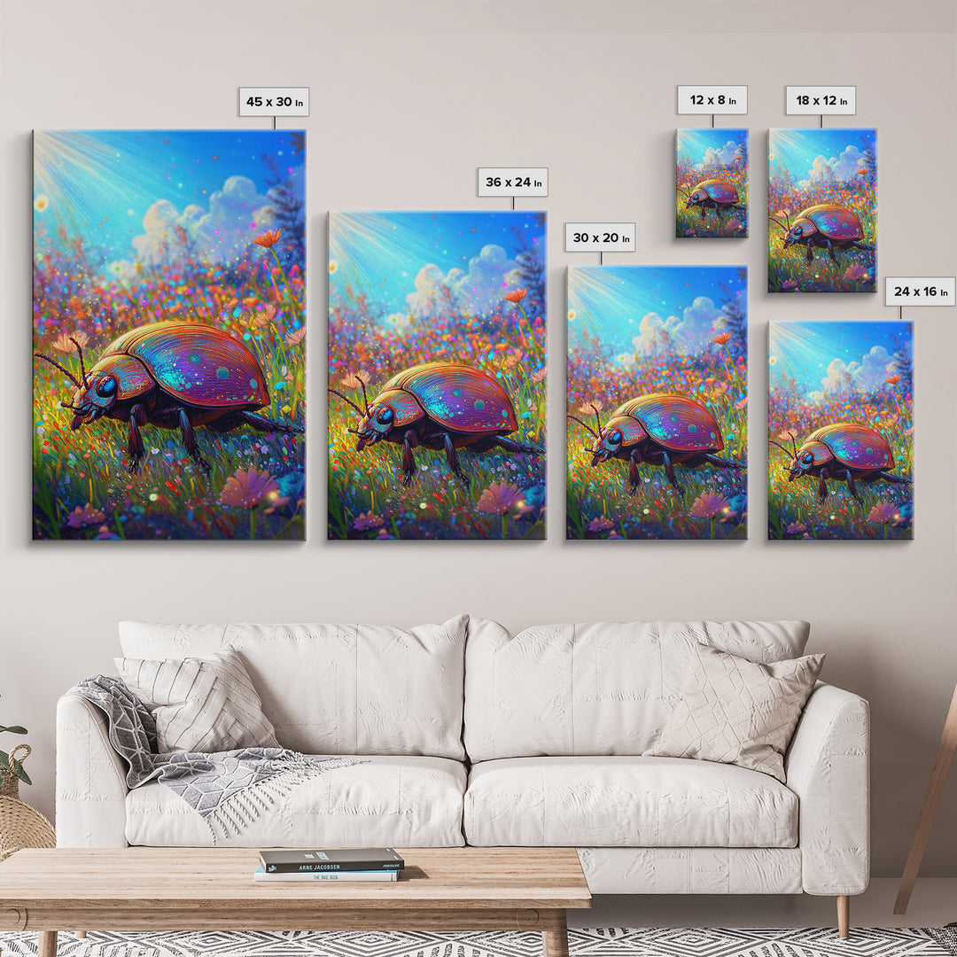 Rainbow Ladybug In Sunlit Wildflower Meadow Canvas Print, Whimsical Animal Art, Nature Wall Art, Bright Colorful Nursery Decor