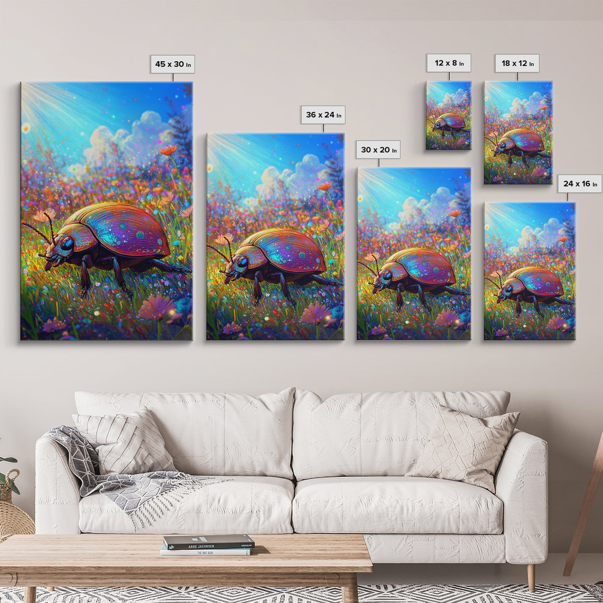 Rainbow Ladybug In Sunlit Wildflower Meadow Canvas Print, Whimsical Animal Art, Nature Wall Art, Bright Colorful Nursery Decor
