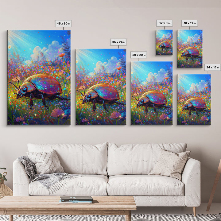 Rainbow Ladybug In Sunlit Wildflower Meadow Canvas Print, Whimsical Animal Art, Nature Wall Art, Bright Colorful Nursery Decor