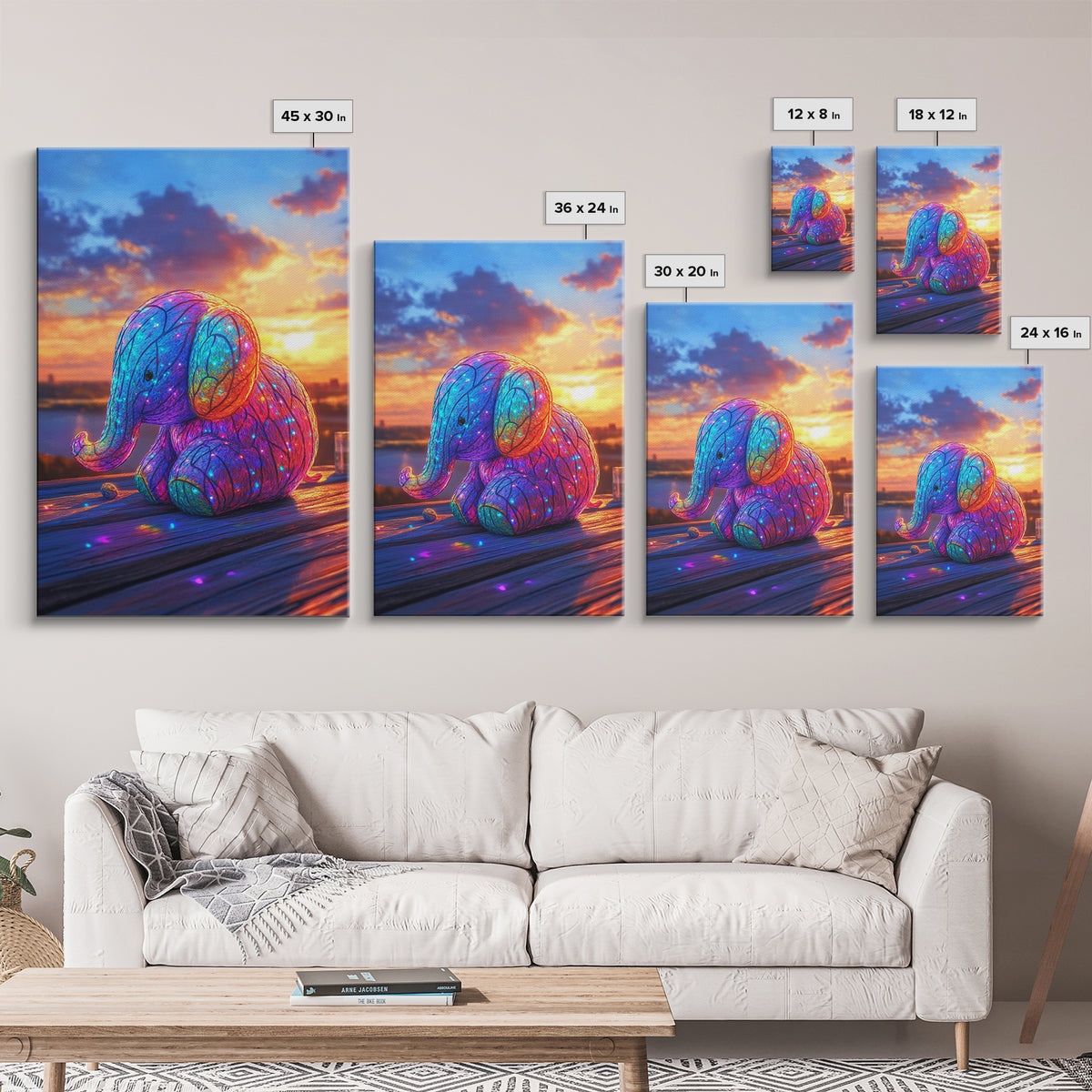 Glowing Rainbow Baby Elephant At Sunset Wall Art, Whimsical Animal Art, Nursery Wall Art, Colorful Kids Room Decor Cute Gift