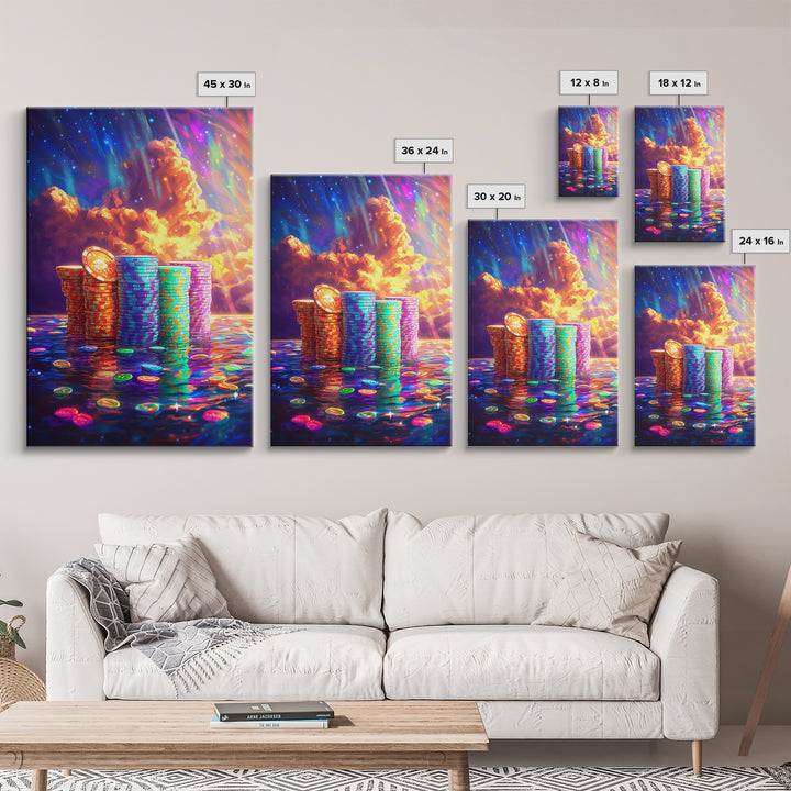Glowing Crypto Coin Stacks Under Cosmic Sky Canvas Print, Bitcoin Art, Neon Wall Art, Gamer Room Decor, Gift For Him, Modern Art