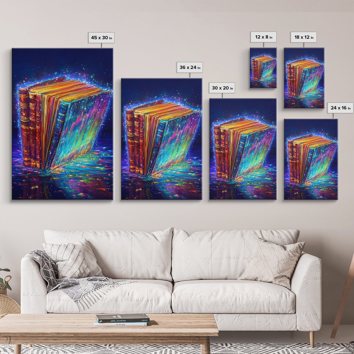 Glowing Rainbow Books With Sparkling Magic Wall Art, Library Decor, Book Lover Gift, Dark Academia, Fantasy Art Print, Home Decor