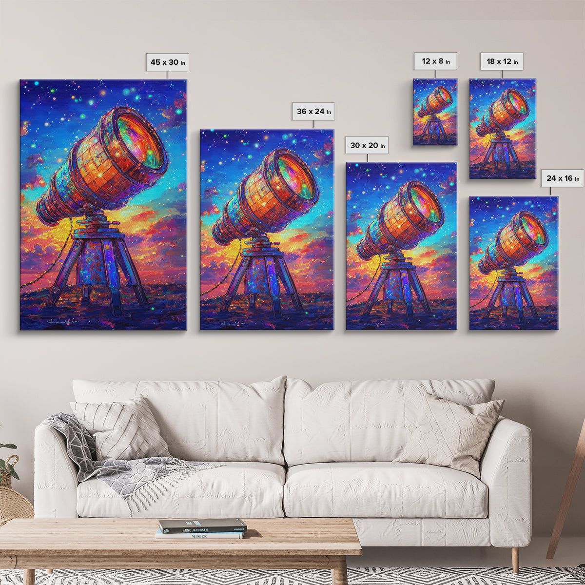 Rainbow Telescope Under Starry Sunset Sky Canvas Print, Astronomy Wall Art, Space Decor, Celestial Art, Gift For Him, Sci Fi Art