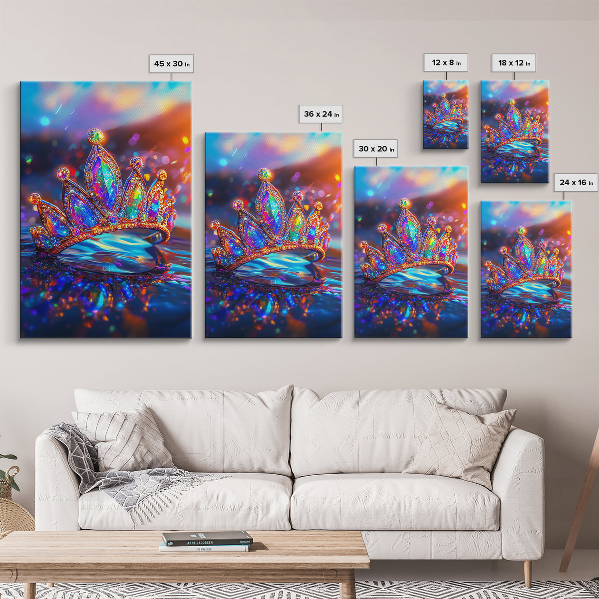 Sparkling Rainbow Tiara Crown On Water Canvas Print, Princess Wall Art, Girly Room Decor, Maximalist Wall Decor Gift For Her