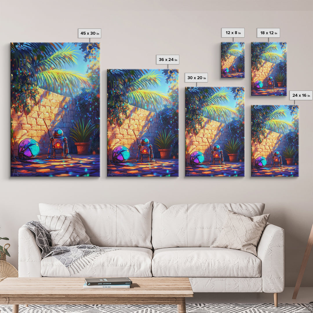 Tiny Robot With Yarn In Tropical Courtyard Canvas Print, Whimsical Sci Fi Wall Art, Futuristic Decor, Kids Room Art, Gift