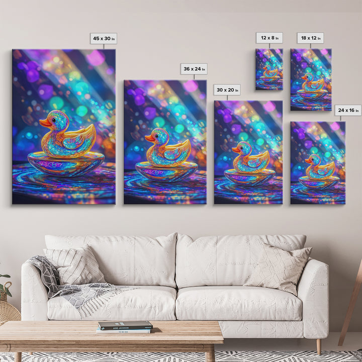 Glowing Rainbow Rubber Duck Canvas Print, Whimsical Animal Wall Art, Cute Bathroom Decor For Kids Room And Nursery Gift