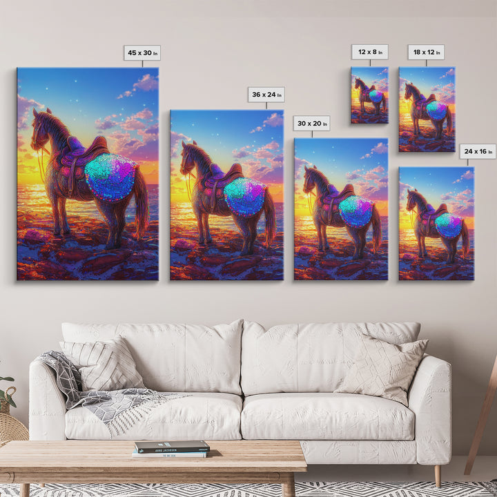 Sunset Horse On Beach Framed Canvas Print, Western Wall Art, Coastal Cowgirl Decor, Equestrian Gift For Horse Lover, Living Room Decor