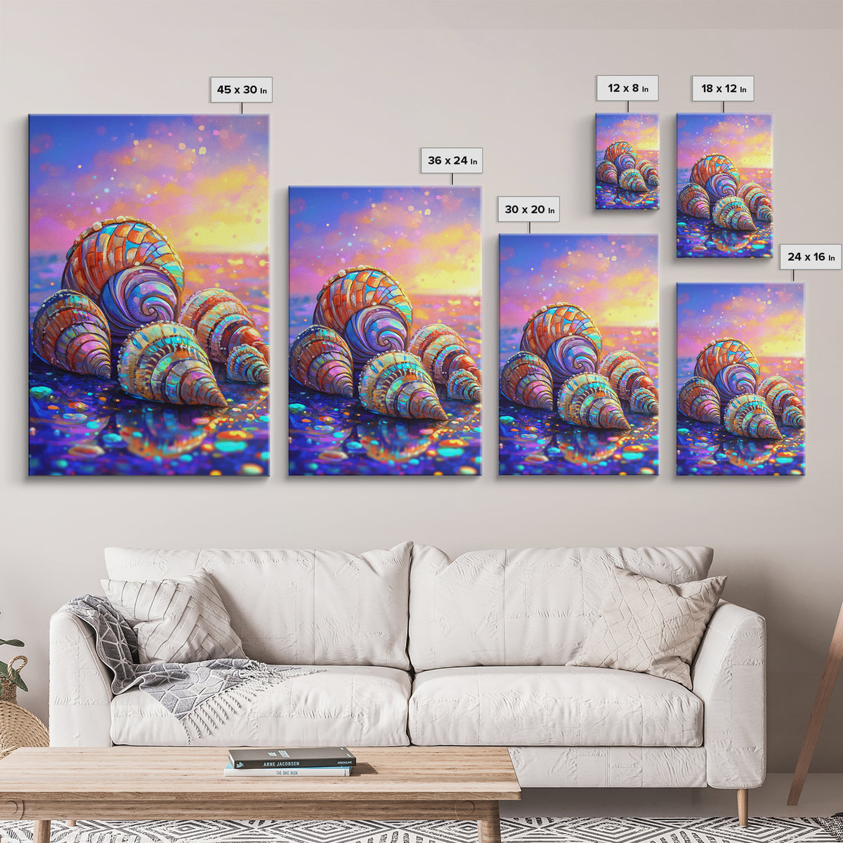 Rainbow Seashells On Sunset Shore Canvas Print, Coastal Wall Art, Beach House Decor, Ocean Wall Decor, Summer Gift For Her
