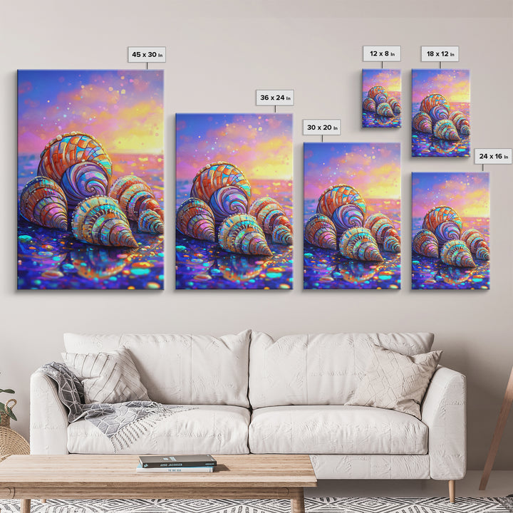 Rainbow Seashells On Sunset Shore Canvas Print, Coastal Wall Art, Beach House Decor, Ocean Wall Decor, Summer Gift For Her