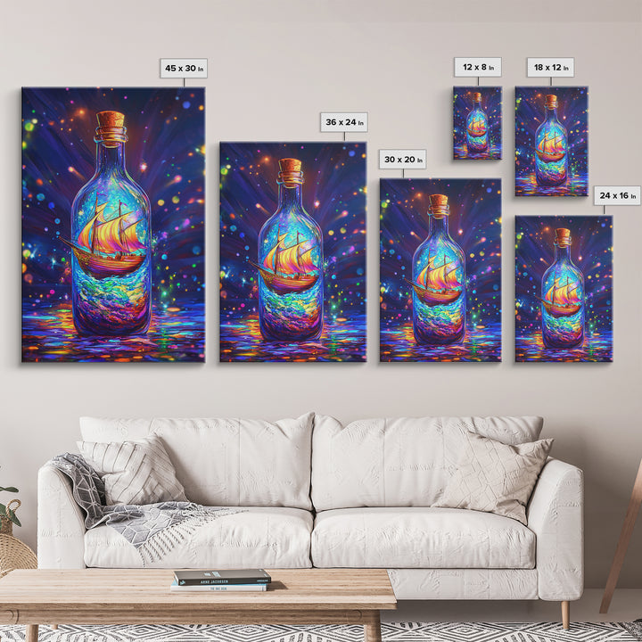Glowing Ship In A Bottle Framed Canvas Print, Nautical Wall Art, Fantasy Ocean Decor, Coastal Gift For Him Or Her, Statement Artwork