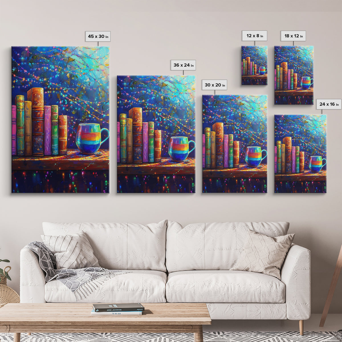 Cozy Books And Rainbow Mug Wall Art, Bookish Library Canvas Print, Reading Nook Decor, Gift For Book Lover, Cozy Home Decor