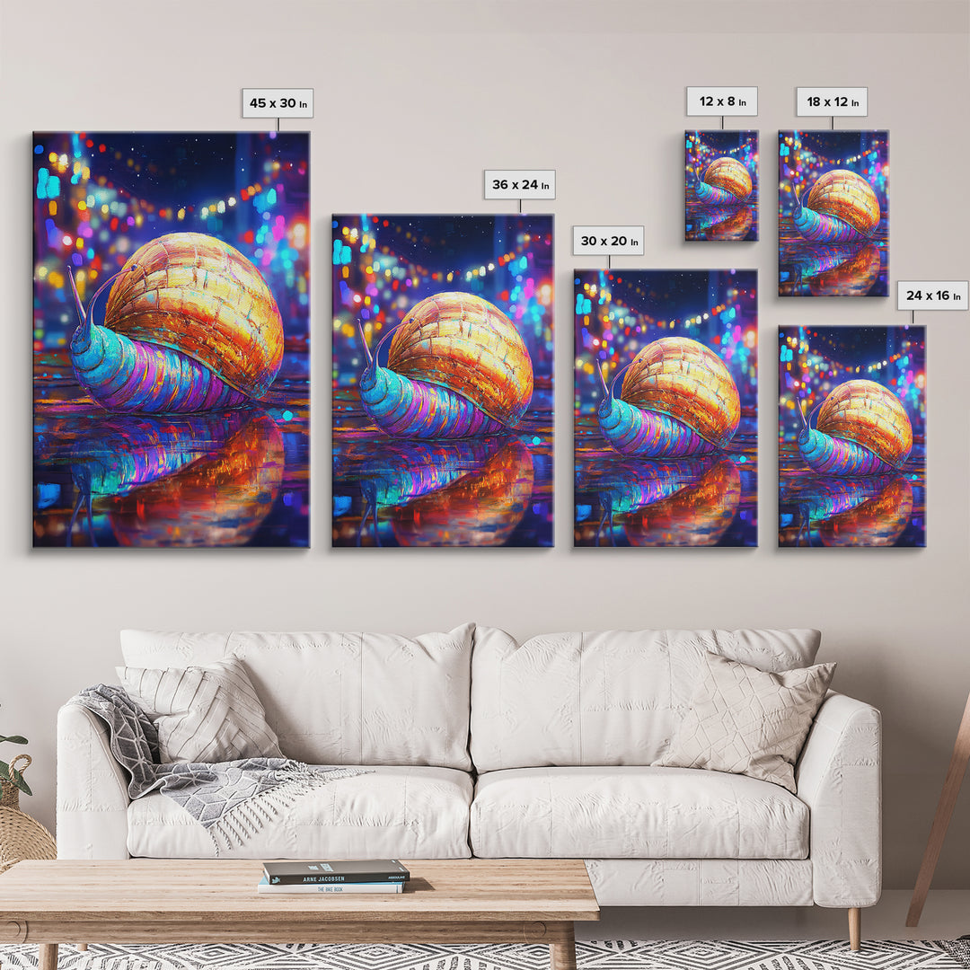 Neon Snail On Rainy Street Wall Art, Whimsical Animal Canvas Print, Cyberpunk City Decor, Funny Gift For Animal Lover, Vibrant Wall Decor