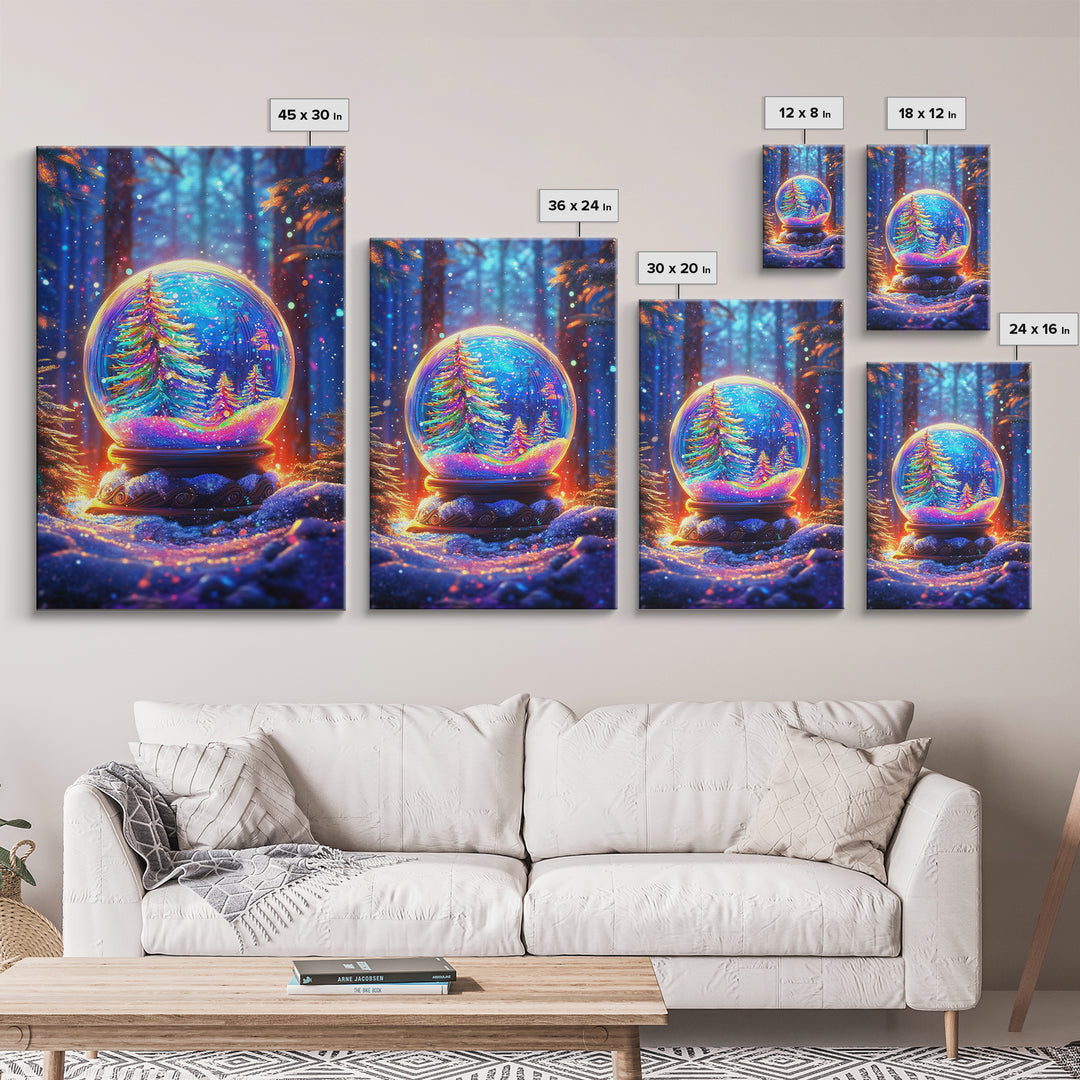 Glowing Winter Forest Snow Globe Framed Canvas Print, Christmas Wall Art, Cozy Holiday Decor, Magical Nature Gift, Living Room Decor