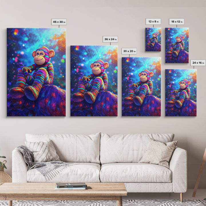 Rainbow Sock Monkey On Rock Wall Art, Whimsical Animal Canvas Print, Cute Nursery Decor, Kids Room Decor, Playroom Wall Decor
