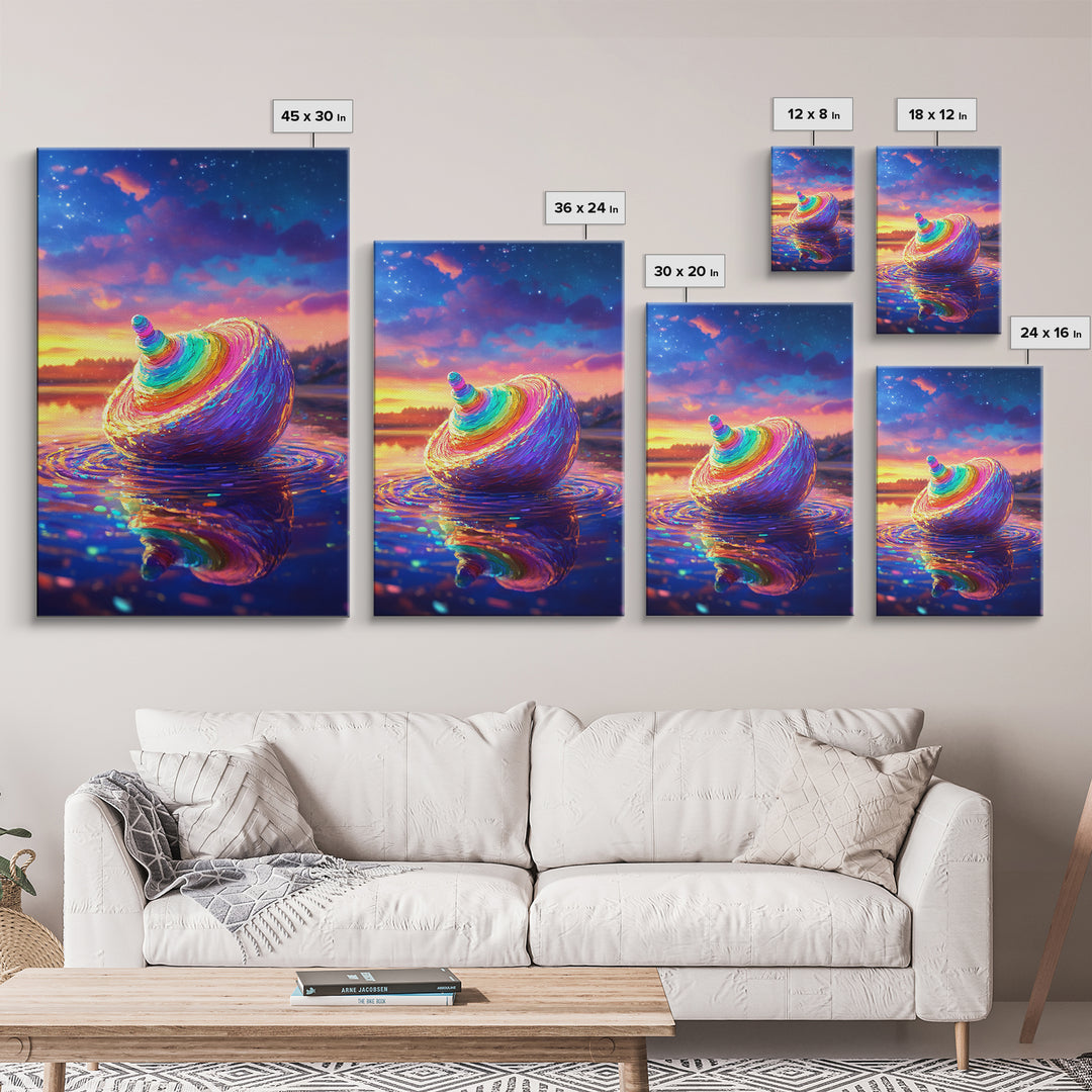 Rainbow Seashell At Sunset On Reflective Water Canvas Print, Coastal Wall Art, Beach House Decor, Ocean Art, Gift For Her