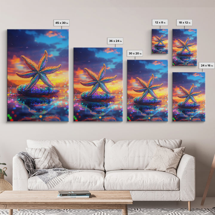 Beaded Rainbow Starfish On Shell At Sunset Canvas Print, Coastal Wall Art, Ocean Decor, Beach House Art, Gift For Her, Summer Decor