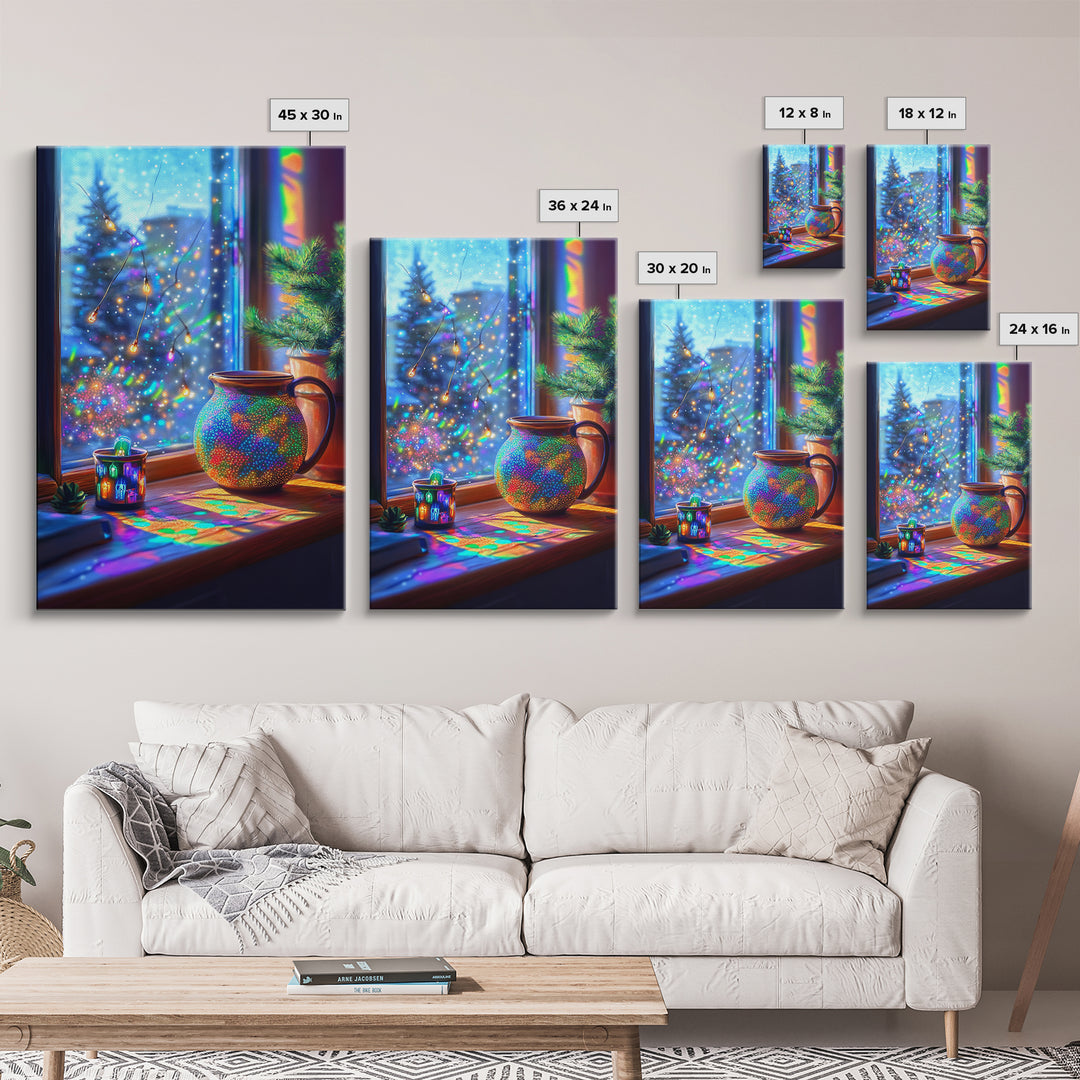 Cozy Winter Window Mug With Twinkle Lights Canvas Print, Christmas Wall Art, Colorful Home Decor, Holiday Kitchen Art Print