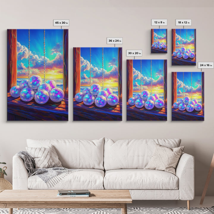 Glowing Pearl Swing At Ocean Sunset Wall Art, Coastal Canvas Print, Whimsical Beach Decor, Dreamy Seascape Art Print For Bedroom Decor