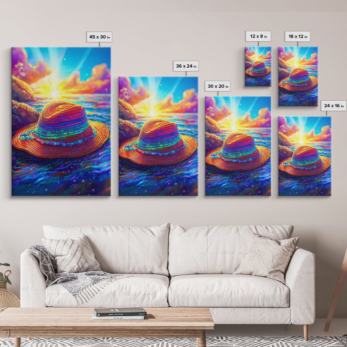 Vibrant Straw Hat Floating On Ocean Sunset Canvas Print, Tropical Beach Wall Art, Coastal Decor, Summer Vacation Gift For Her
