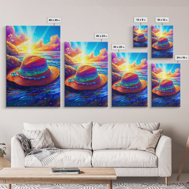 Vibrant Straw Hat Floating On Ocean Sunset Canvas Print, Tropical Beach Wall Art, Coastal Decor, Summer Vacation Gift For Her