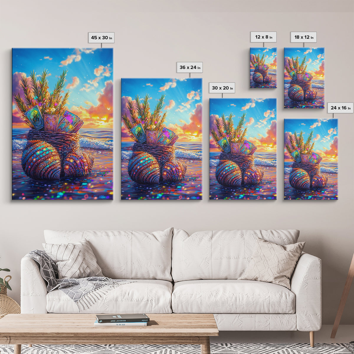 Seashell Basket With Tarot Cards At Sunset Framed Canvas Print, Coastal Wall Art, Beach House Decor, Boho Gift For Her Art
