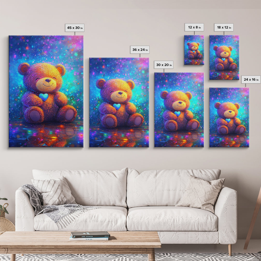 Smiling Teddy Bear With Blue Heart Wall Art, Colorful Nursery Decor, Cute Animal Art, Kids Room Canvas Print, Baby Gift Art