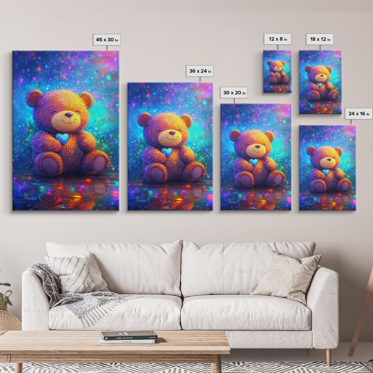 Smiling Teddy Bear With Blue Heart Wall Art, Colorful Nursery Decor, Cute Animal Art, Kids Room Canvas Print, Baby Gift Art