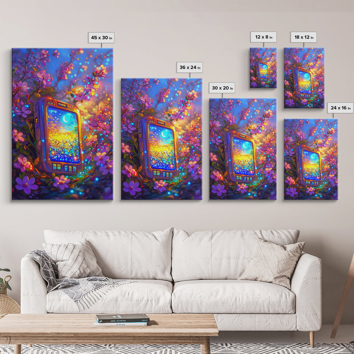 Glowing Phone Among Cherry Blossoms And Moon Wall Art, Celestial Floral Fantasy Canvas Print, Whimsical Nursery Decor Gift