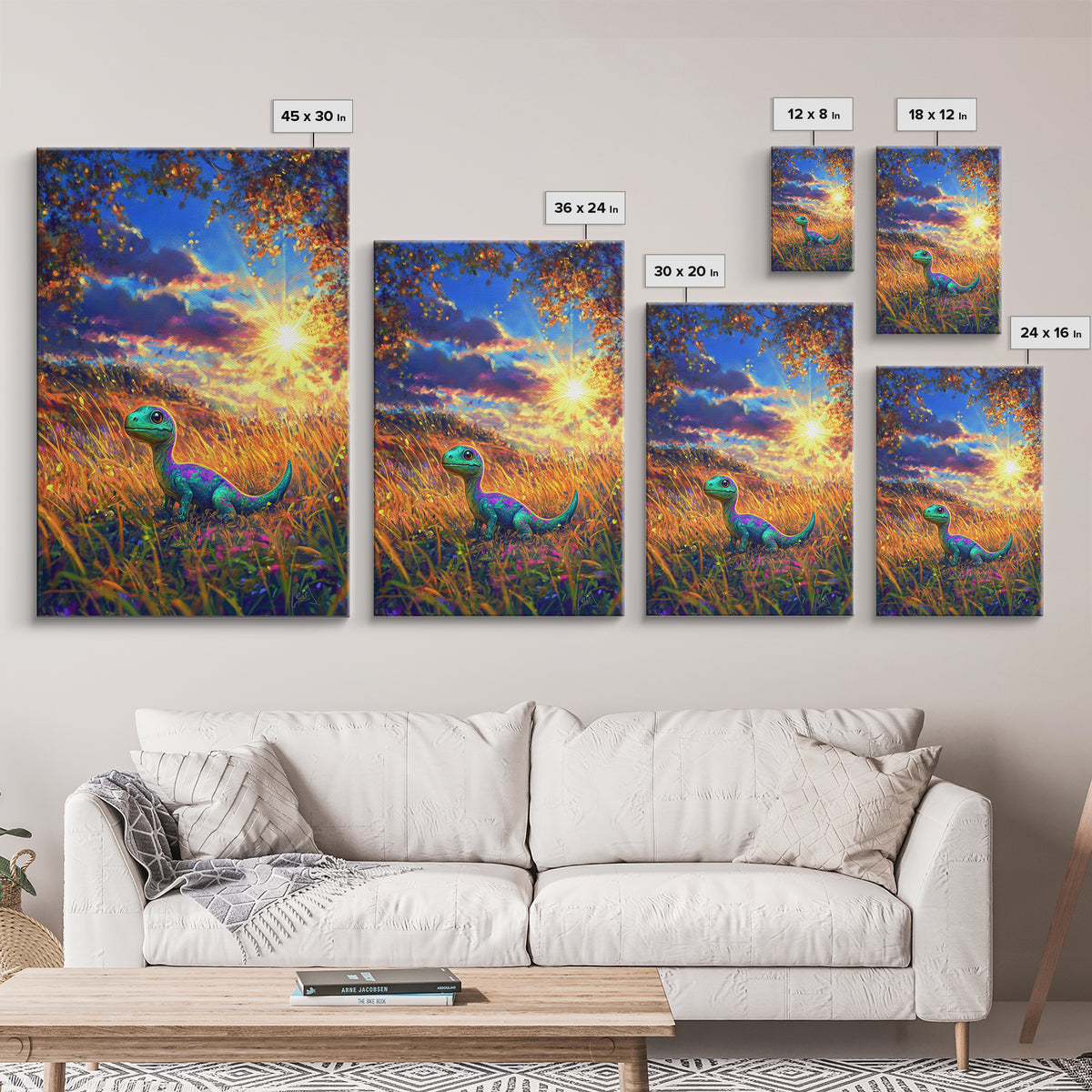Cute Baby Dinosaur In Golden Meadow Wall Art, Colorful Safari Nursery Canvas Print, Whimsical Kids Room Decor, Unique Gift