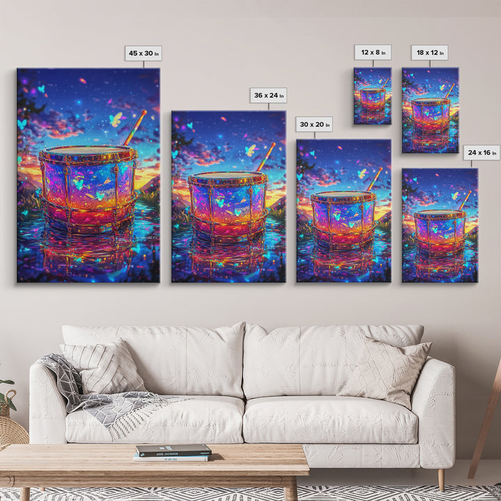 Glowing Drum With Butterflies At Sunset Wall Art, Colorful Music Studio Room Decor, Whimsical Canvas Print, Music Lover Gift
