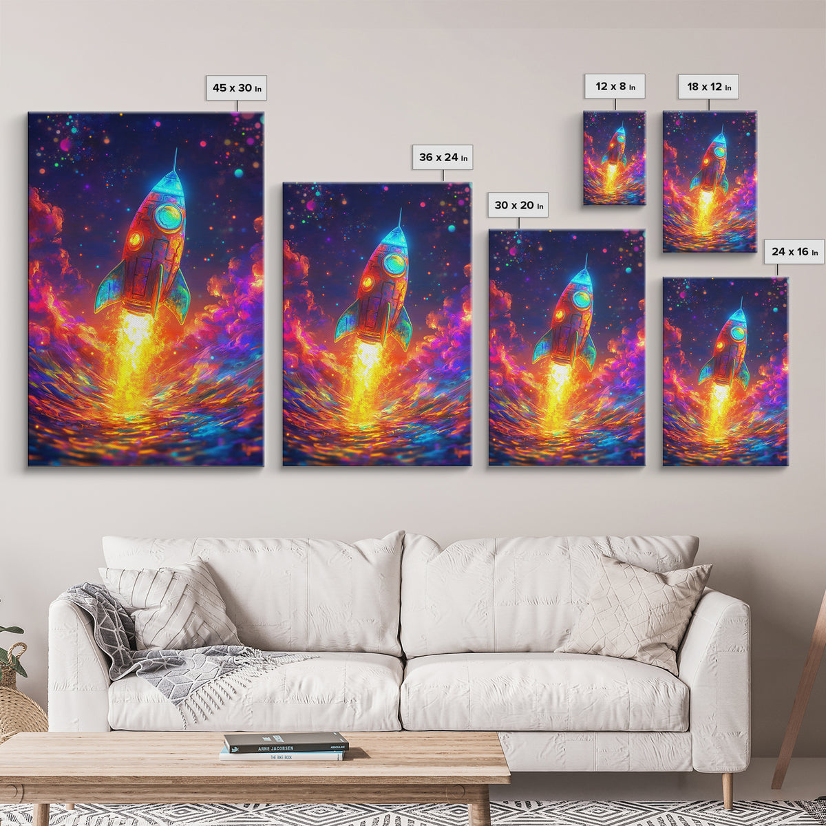 Neon Rocket Launch Over Ocean Wall Art, Colorful Space Decor, Sci Fi Art Print, Futuristic Nursery And Kids Game Room Gift
