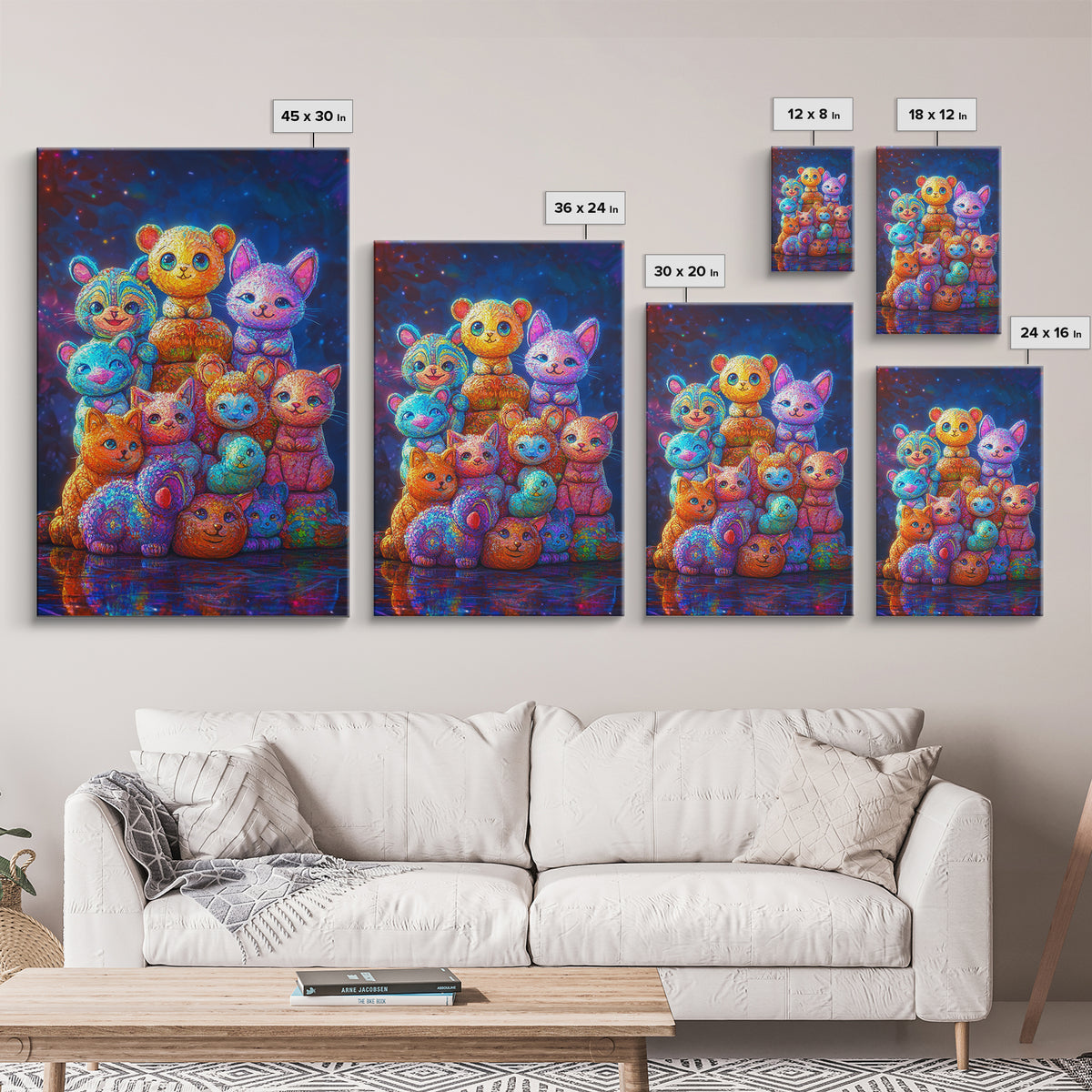 Colorful Plush Animal Friends And Kittens Wall Art, Whimsical Animal Art, Nursery Wall Art, Playroom Decor, Cute Kids Print