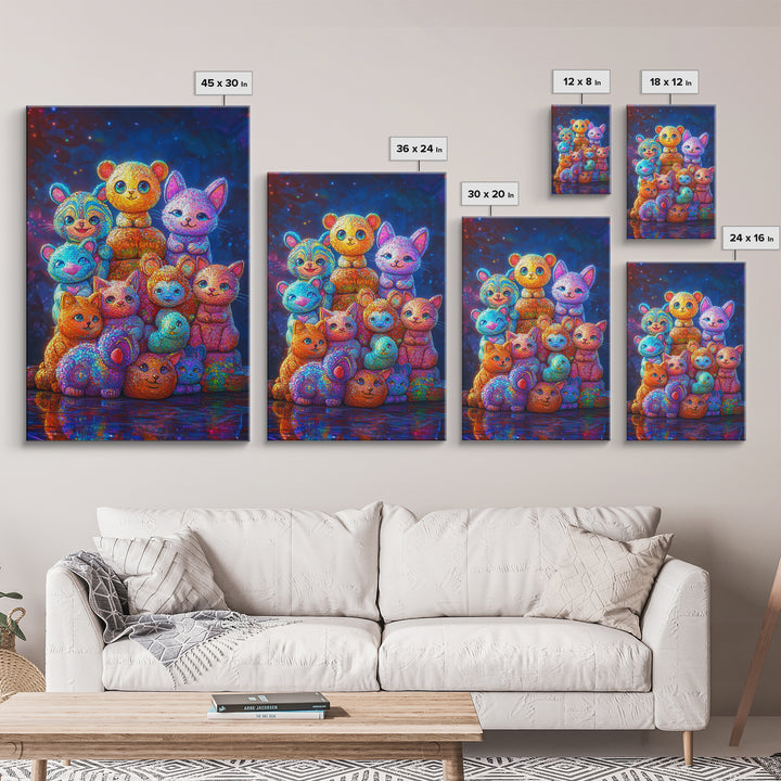 Colorful Plush Animal Friends And Kittens Wall Art, Whimsical Animal Art, Nursery Wall Art, Playroom Decor, Cute Kids Print