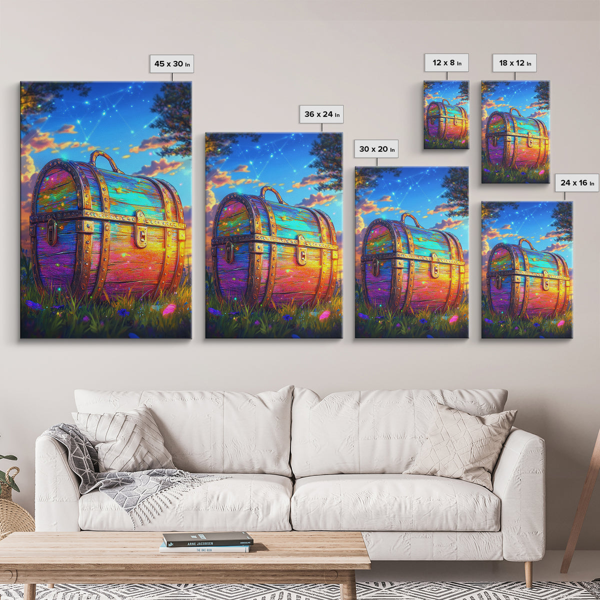 Rainbow Treasure Chest In Meadow At Sunset Framed Canvas Print, Fantasy Wall Art, Whimsical Decor, Celestial Kids Room Art