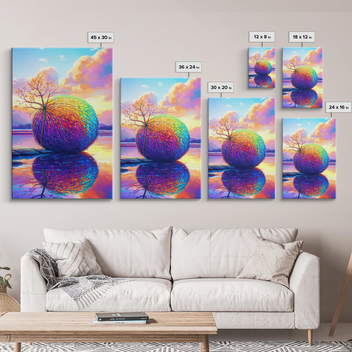 Rainbow Sphere Tree Beside Reflective Lake Wall Art, Surreal Landscape Art, Colorful Nature Decor, Modern Canvas Wall Art
