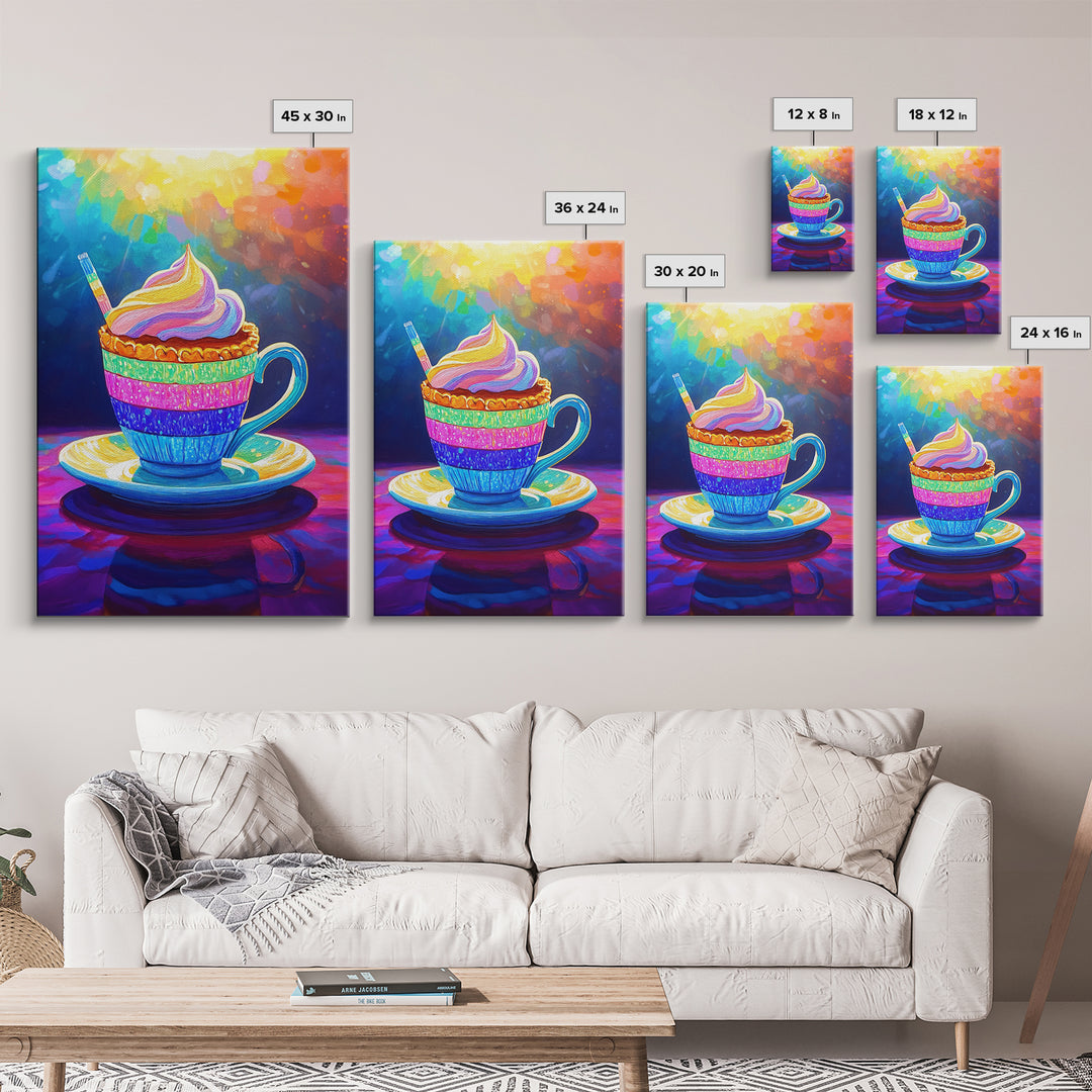 Rainbow Cupcake In Teacup Kitchen Wall Art, Whimsical Dessert Art Print, Colorful Bakery Decor, Cute Cafe Canvas Print Gift