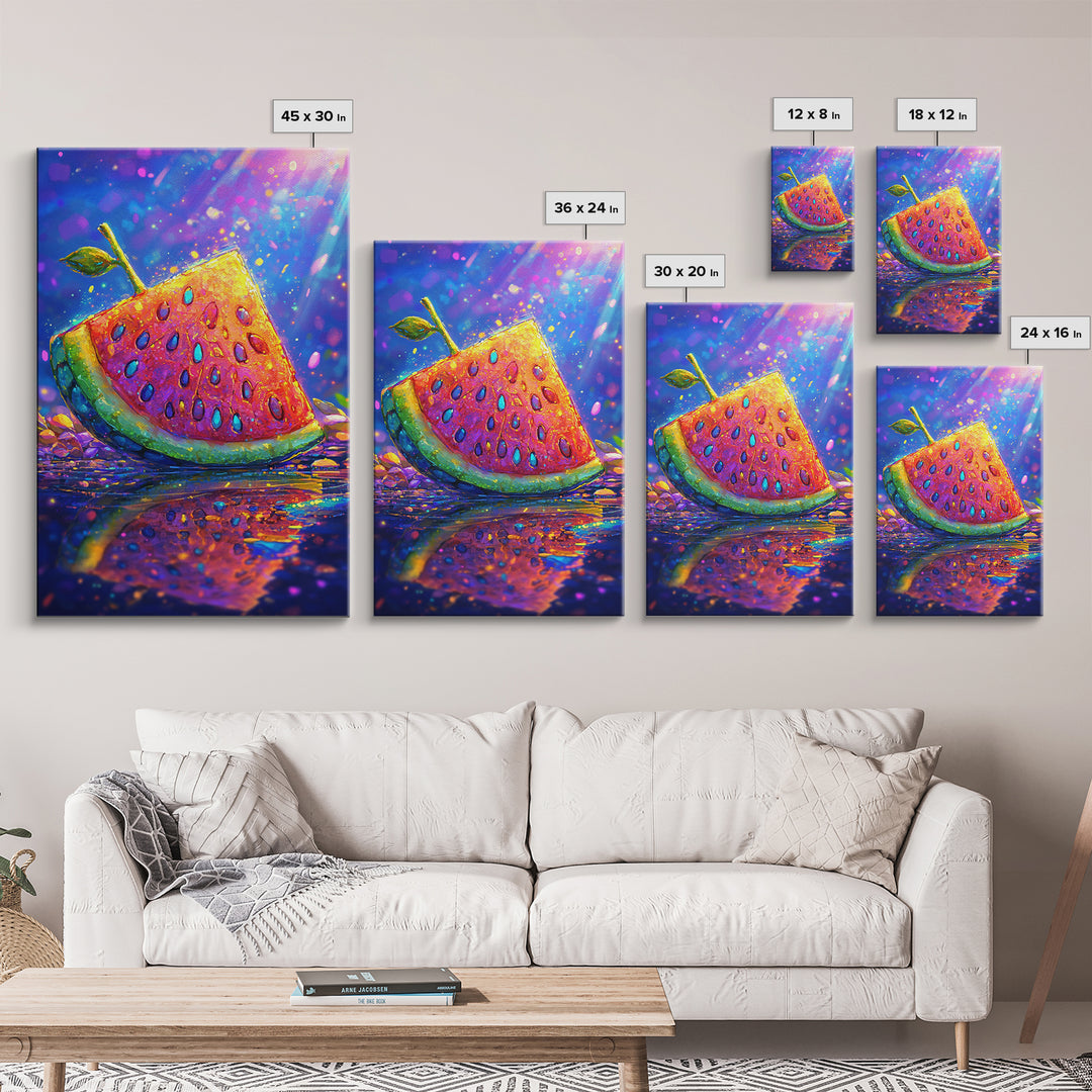 Juicy Watermelon Slice With Sprout Wall Art, Colorful Fruit Art Print, Summer Kitchen Decor, Whimsical Canvas Print Gift