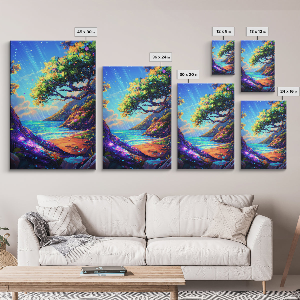 Sunlit Coastal Cove And Tree Wall Art, Vibrant Ocean Landscape Art Print, Tropical Beach House Decor, Large Canvas Print