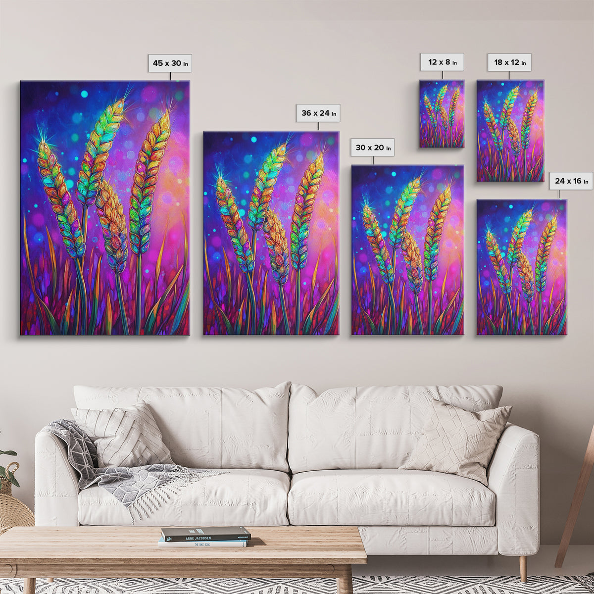 Colorful Wheat Stalks In Light Wall Art, Rustic Farmhouse Decor, Botanical Nature Art Print, Vibrant Kitchen Canvas Print