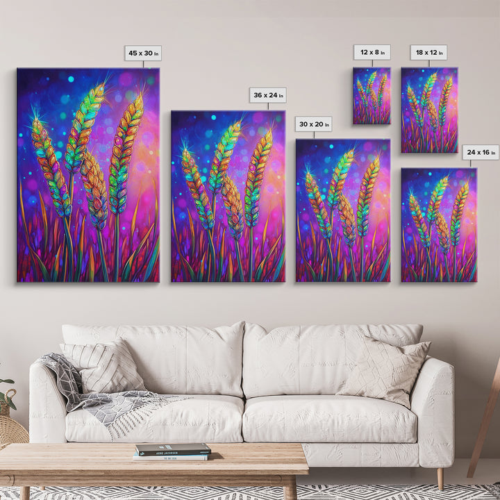 Colorful Wheat Stalks In Light Wall Art, Rustic Farmhouse Decor, Botanical Nature Art Print, Vibrant Kitchen Canvas Print