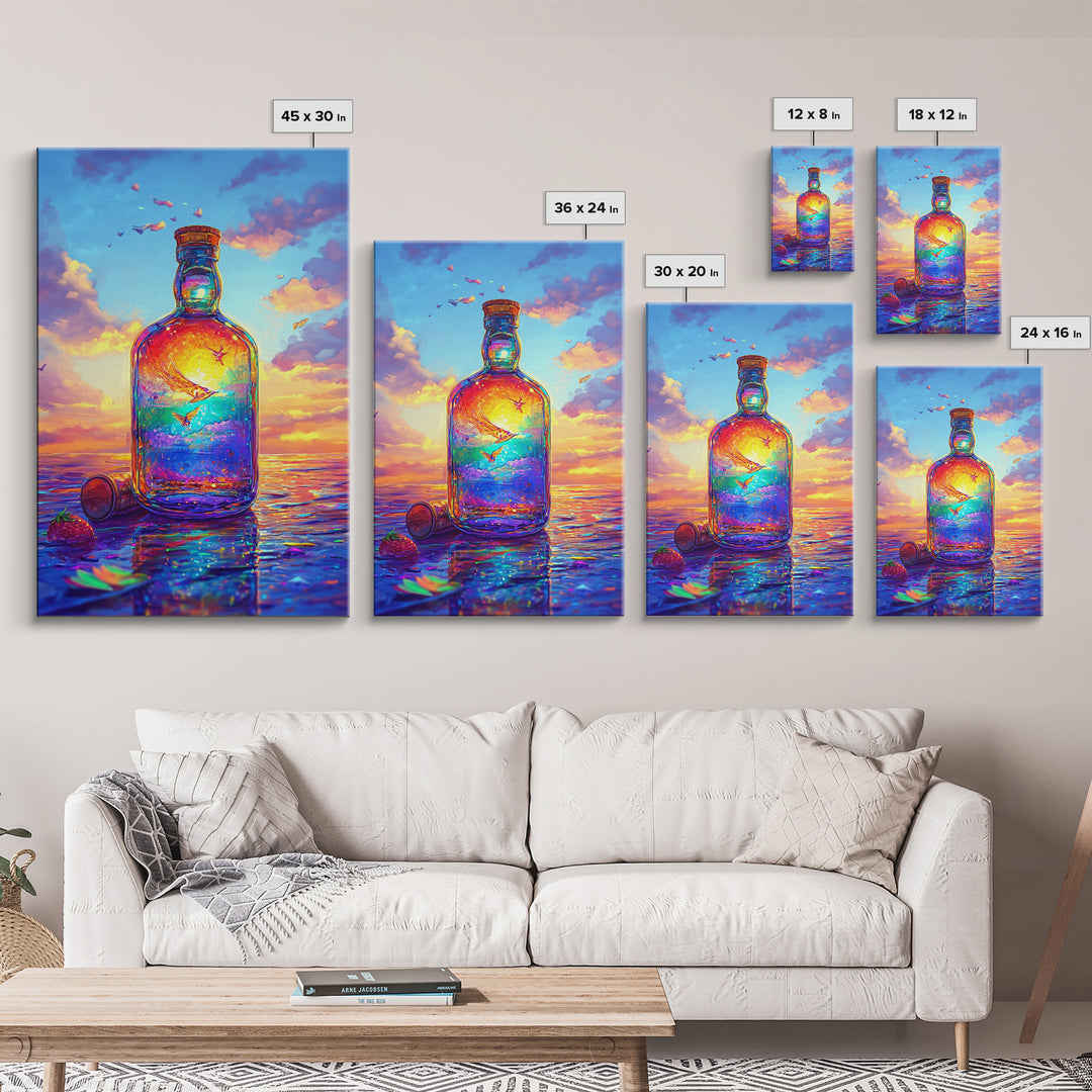Sunset Ocean In Glass Bottle Wall Art, Surreal Seascape Art Print, Coastal Beach House Decor, Whimsical Canvas Print Gift