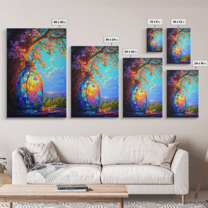 Glowing Jar Under Flowering Tree Wall Art, Whimsical Botanical Landscape, Coastal Nature Decor, Vibrant Canvas Print Gift