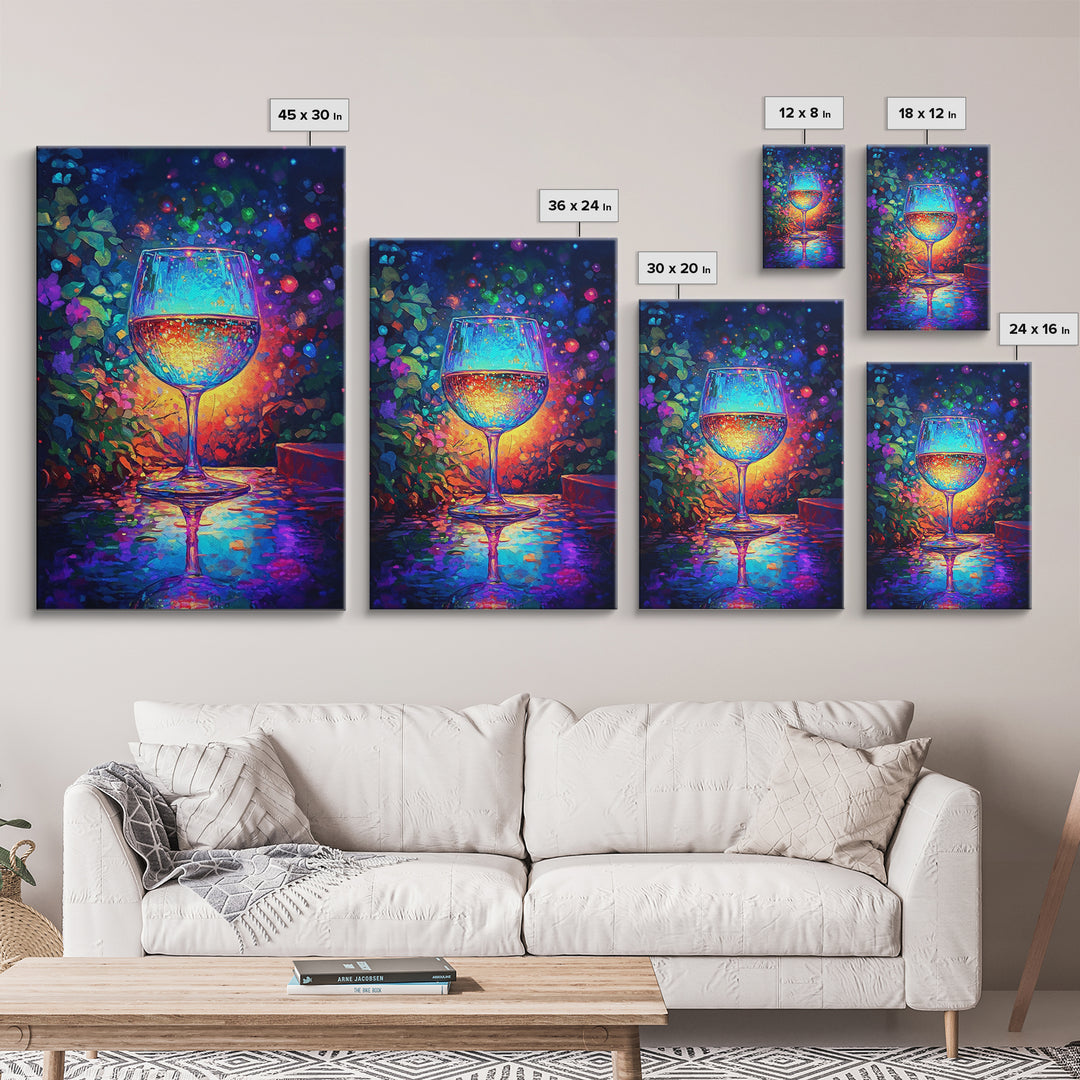 Glowing Wine Glass On Dark Table Canvas Print, Colorful Bar Wall Art, Kitchen Decor, Wine Lover Gift, Dining Room Art Print