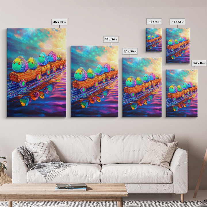 Smiling Rainbow Egg Train Canvas Print, Whimsical Kids Room Wall Art, Colorful Nursery Decor, Cute Playroom Art, Baby Shower Gift