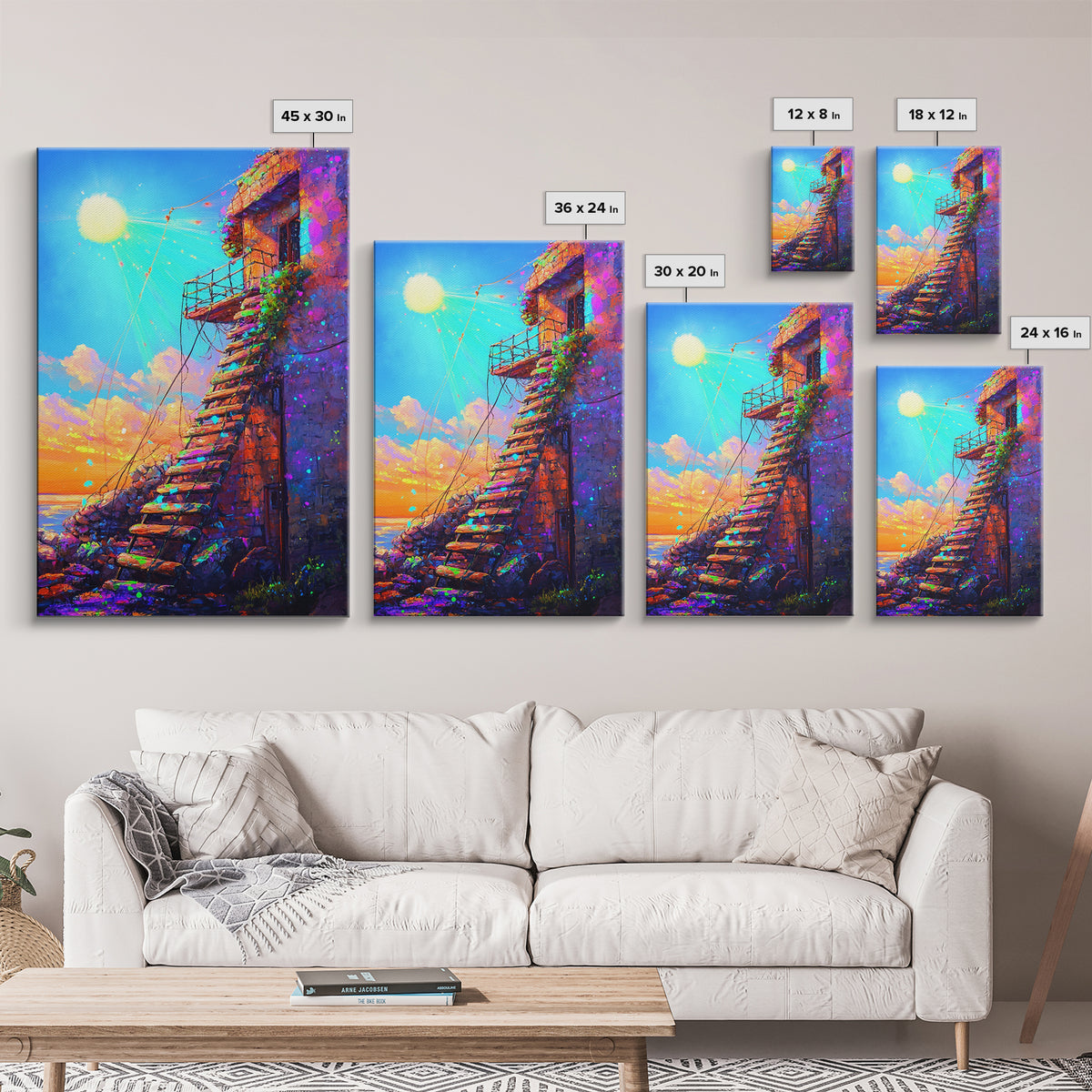 Sunlit Stone Stairway By The Sea Canvas Print, Coastal Wall Art, Mediterranean Landscape, Sunset Travel Home Decor Gift For Her