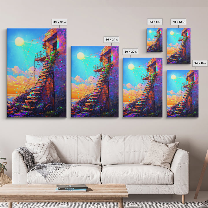 Sunlit Stone Stairway By The Sea Canvas Print, Coastal Wall Art, Mediterranean Landscape, Sunset Travel Home Decor Gift For Her