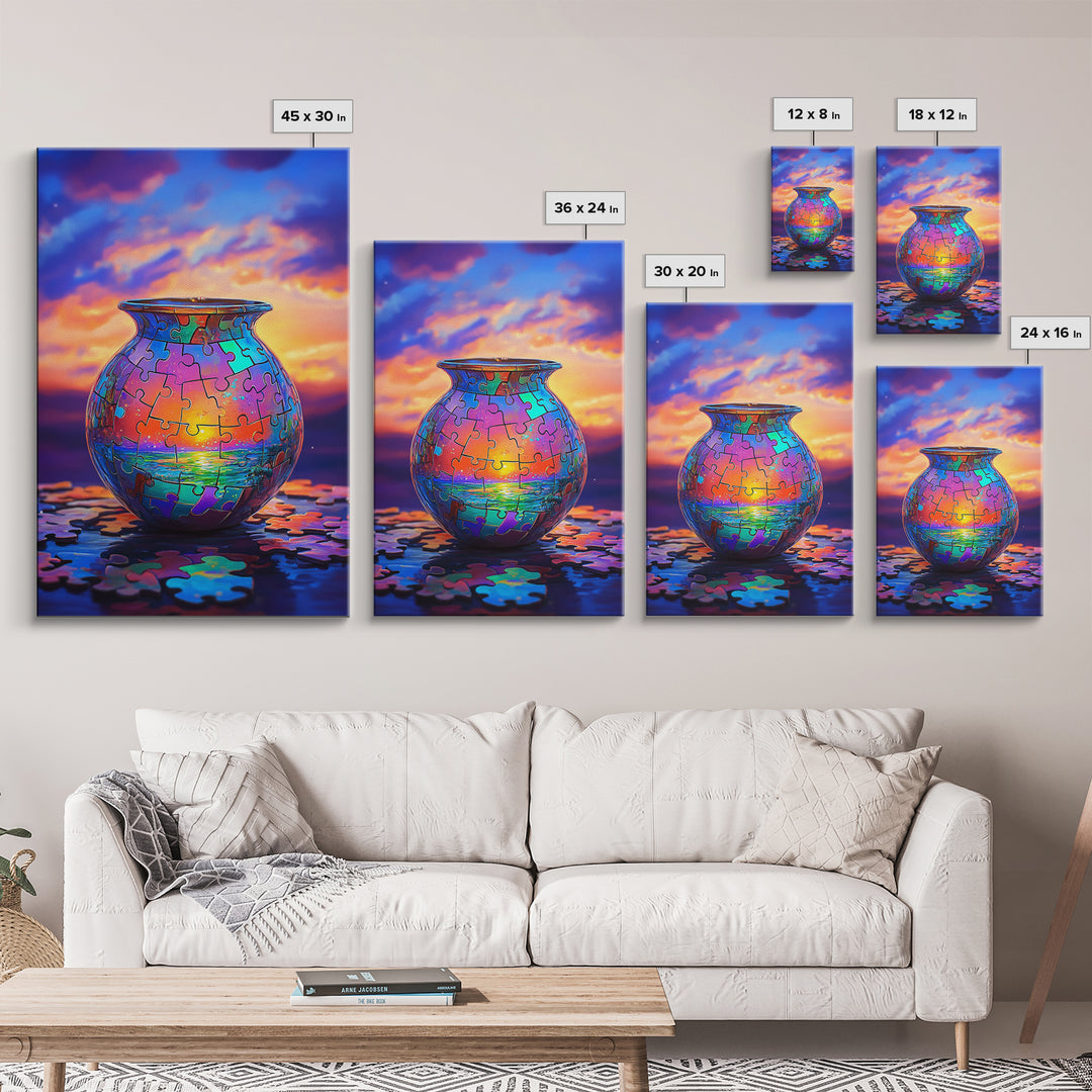 Puzzle Piece Vase With Ocean Sunset Canvas Print, Colorful Wall Art, Whimsical Seascape, Living Room Coastal Home Decor Gift