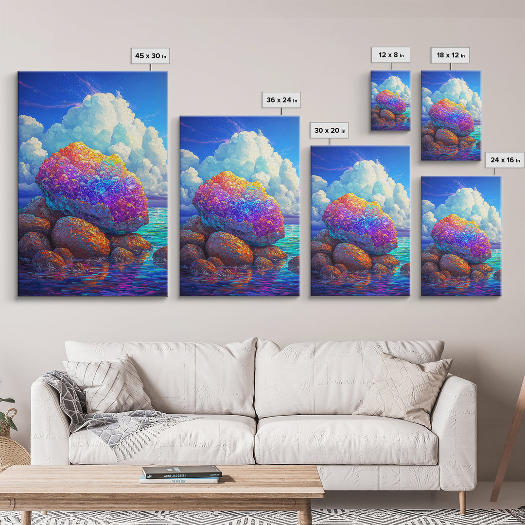 Rainbow Crystal Rocks Beside Blue Sea Canvas Print, Coastal Wall Art, Colorful Nature Art, Ocean Landscape Home Decor Gift
