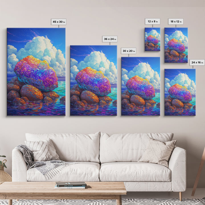 Rainbow Crystal Rocks Beside Blue Sea Canvas Print, Coastal Wall Art, Colorful Nature Art, Ocean Landscape Home Decor Gift
